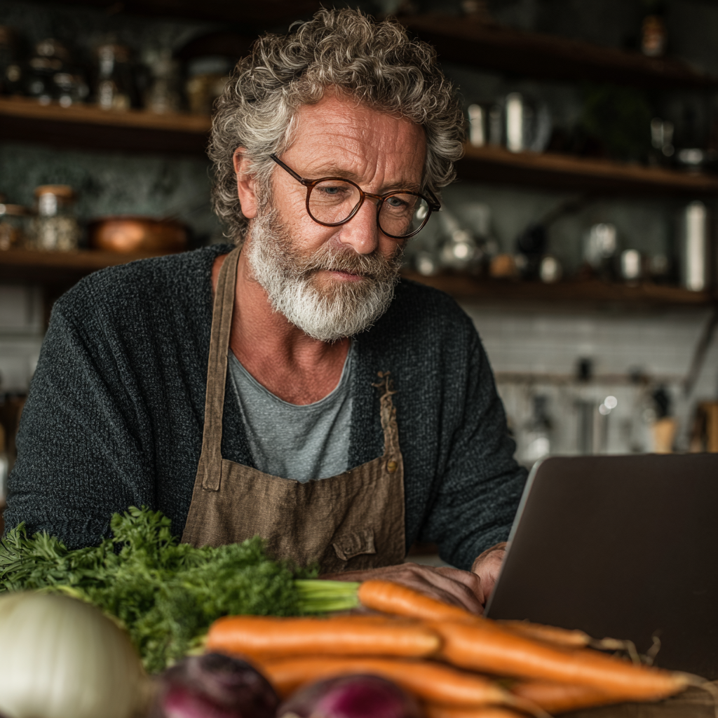Мъж на 58 години разглежда персонализиран хранителен план на лаптоп в кухнята си