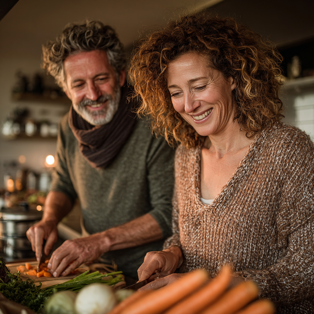 Активна двойка на 52 и 54 години готви здравословна храна заедно в модерна кухня