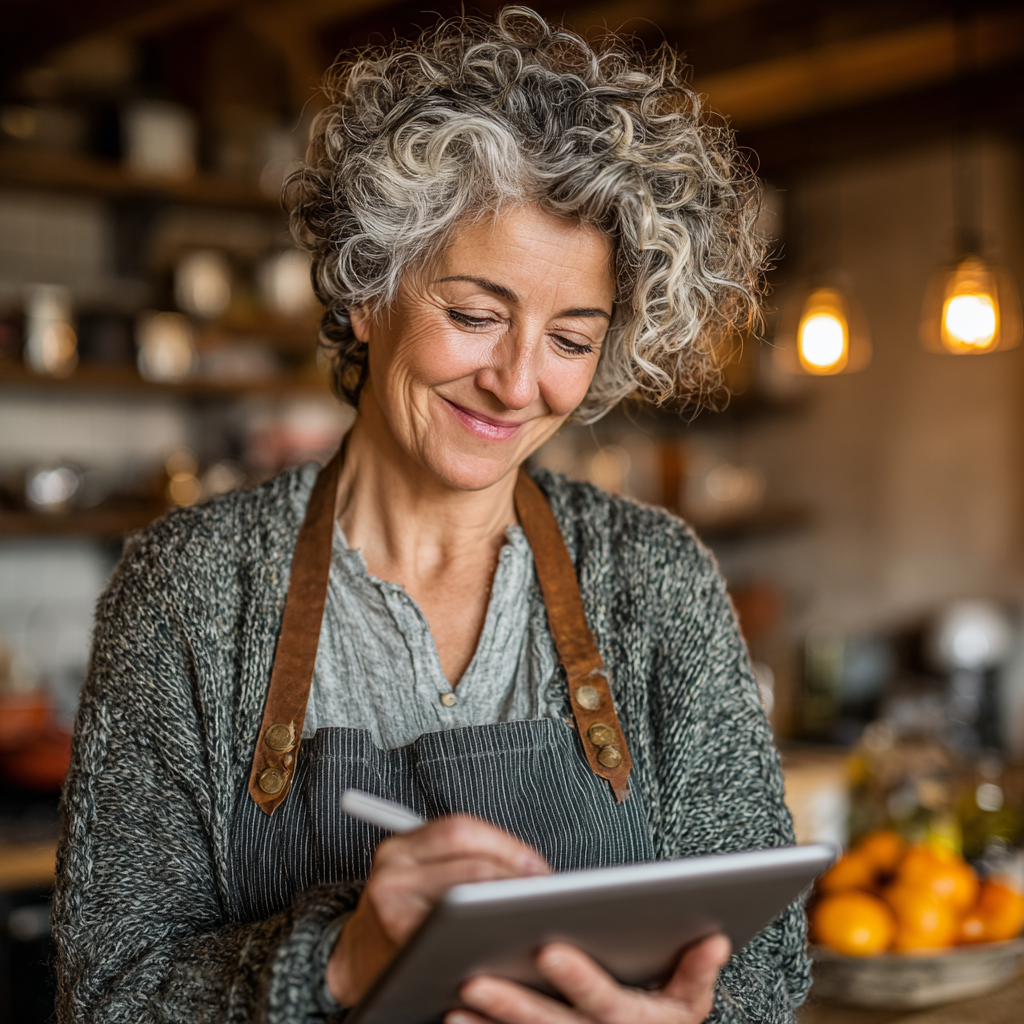 Усмихната жена на 55 години попълва въпросник за хранене на таблет