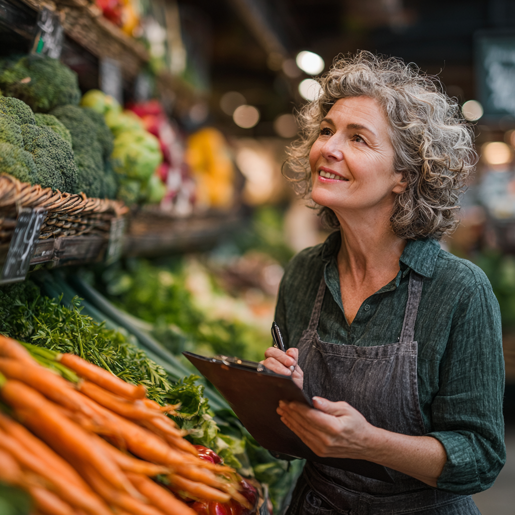 Усмихната жена на 59 години избира свежи продукти в супермаркет с листа за пазаруване